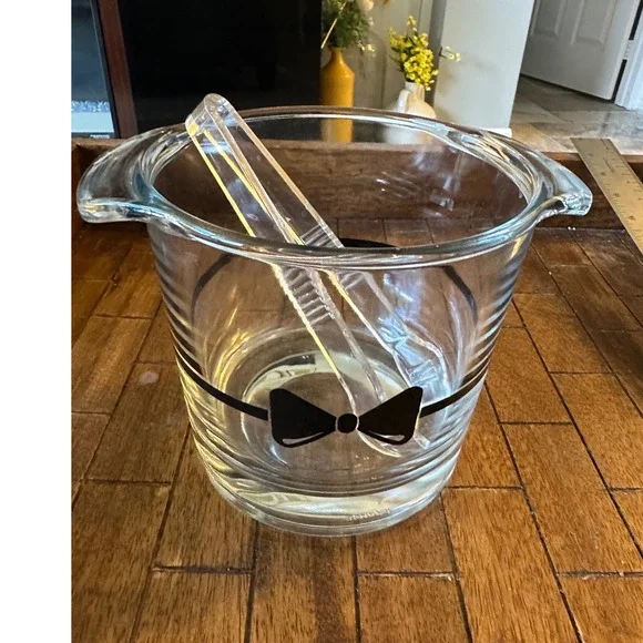 Vintage France Glass Ice Bucket with Bow Tie Graphic and Acrylic Tongs Clear EUC