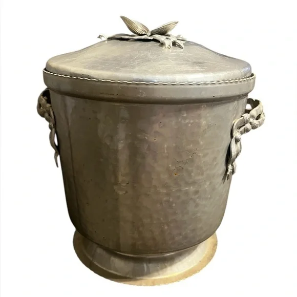 Vintage Hammered Aluminum Art Nouveau Ice Bucket Rose Bud Floral Trim Handles