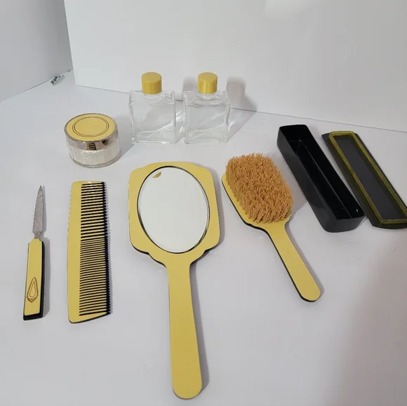 Vintage Art Deco Celluloid Bakelite Vanity Set Mirror 8 Pc Set Mirror Brush