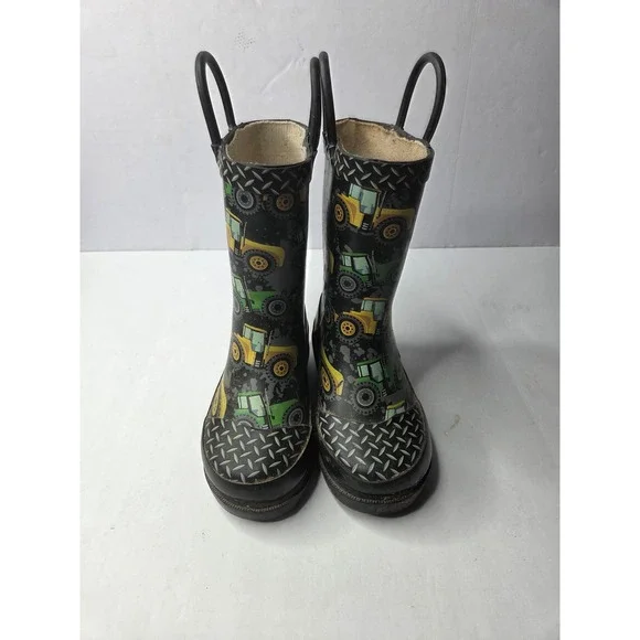 Western Chief Boys Tractor Print Rubber Rain Boots Black Green Yellow Size 7/8