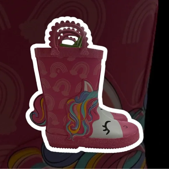 members mark Unicorn Rain Boots Youth Toddler‎ Girls Pink Rubber Rainbow sz 7/8