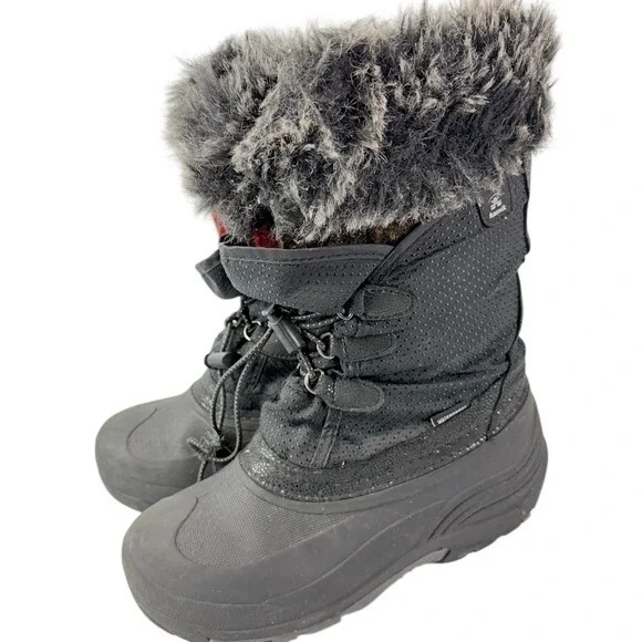 Kamik Big Kids Size‎ 4 Black Winter Snow Boots Faux Fur Lace Up FLAWED