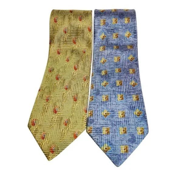 Ermenegildo Zegna 2 Luxury Silk Ties Elegant Floral &Geometric Pattern Blue Gold