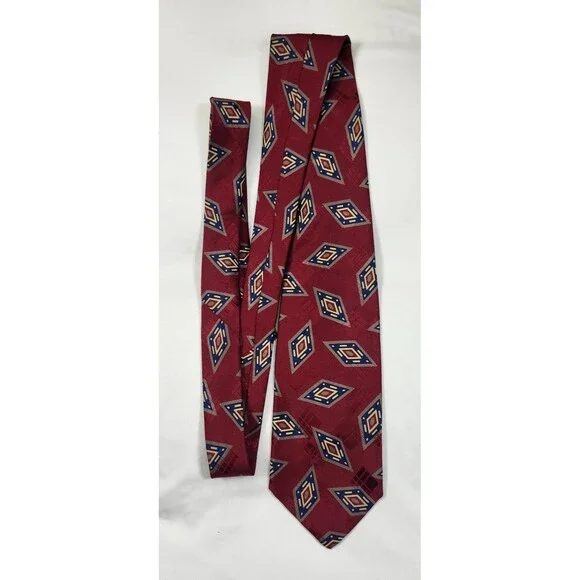 Vintage Abercrombie & Fitch Italian Silk Tie Red Gold Diamond Geometric Evil Eye