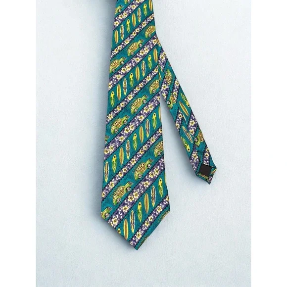 Vintage Hawaii Surf Tie 100% Silk Surf Board Vintage Car FUN RETRO Blue/Green