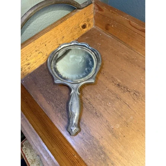 Antique Art Nouveau Hand Mirror Frame Monogrammed Vanity Mirror Silverplate 9
