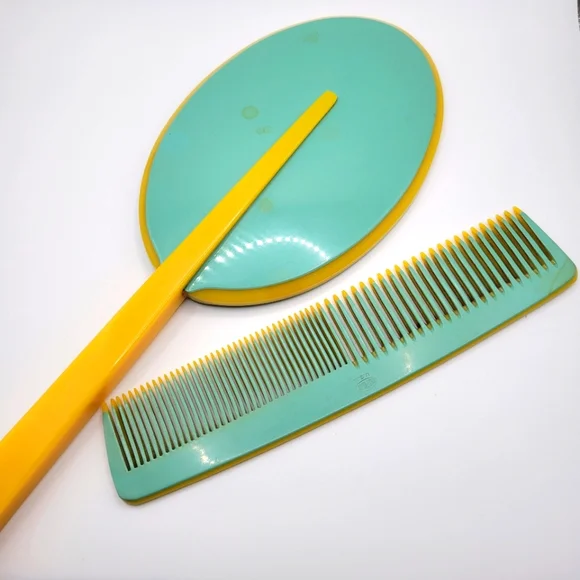 VTG Vanity Set | Mirror & Comb | Blue & Yellow | Dupont | Made in the USA