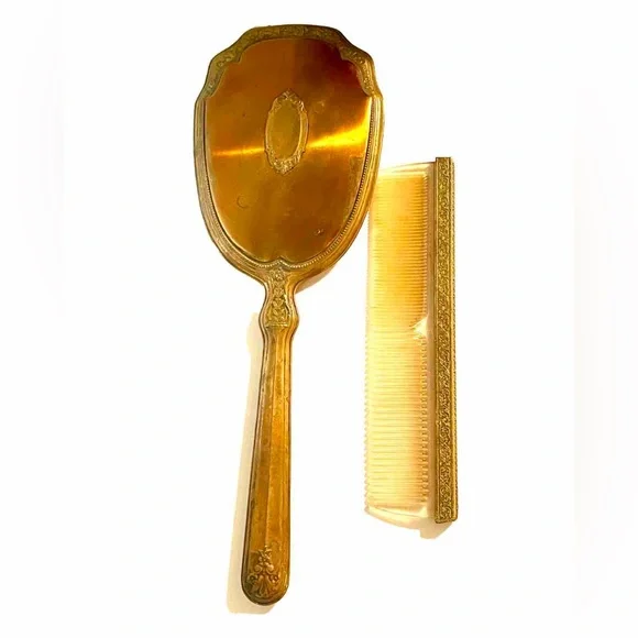 Vintage Copper-Gilt Colored Mirror and Comb