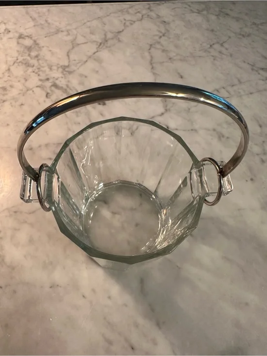 Vintage Italian Clear Glass Ice Bucket, Silver Plated Handle 5.25