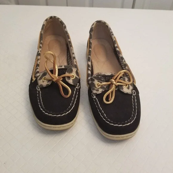Sperry Black & Leopard Top Sider Boat Shoe Women's size 8.5M Leather/Fabric