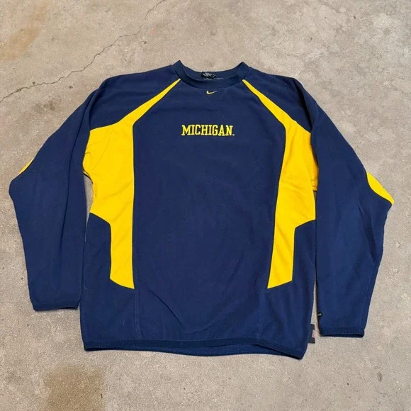 Nike Team Michigan Pullover Mens Small Navy Blue Yellow Therma-FIT Fleece