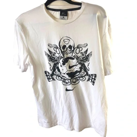 Nike Soccer DriFit Tee Men M White with Skull and Birds Short Sleeve Crew Neck