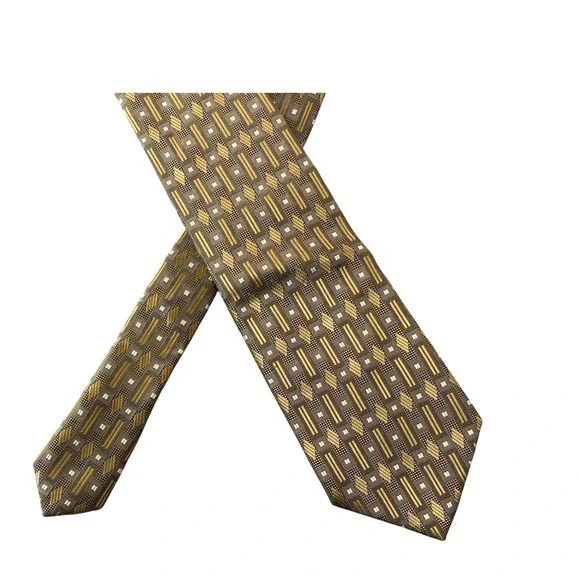 Vintage Jhane Barnes Necktie Mens Silk Geometric Squares Gold‎ Brown Designer