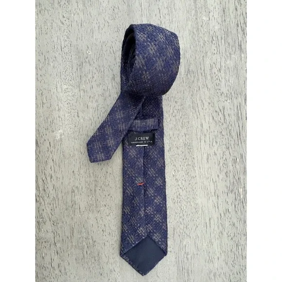 J.Crew Mens Navy Blue Brown Textured Geometric Necktie Handmade in USA Slim Tie