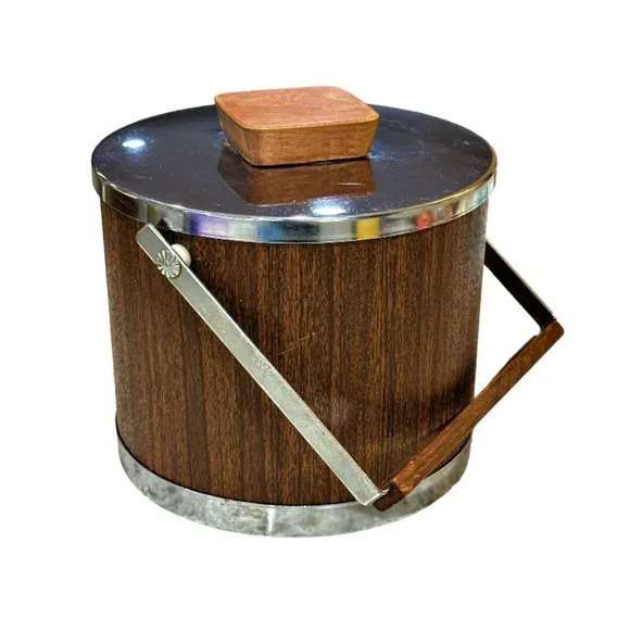 Vintage Kromex Ice Bucket MCM Wood Grain Chrome USA Retro Barware Bar Drinks