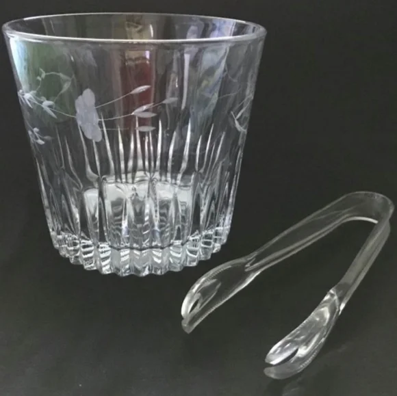 Elegant Clear Glass Ice Bucket W/tongs NWT Vintage