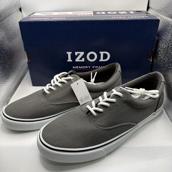 Izod Men's Size 12 Rangley Gray Lace-Up Casual Canvas Boat Shoes