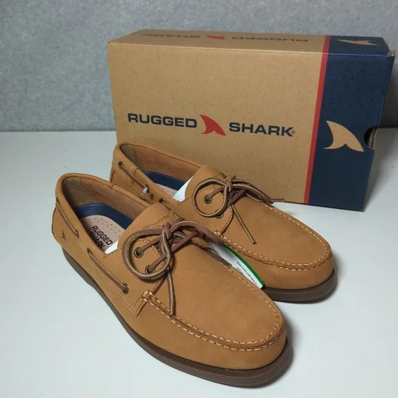 NEW Rugged‎ Shark Mens Classic Boat Shoes Tan Beige Genuine Leather 10