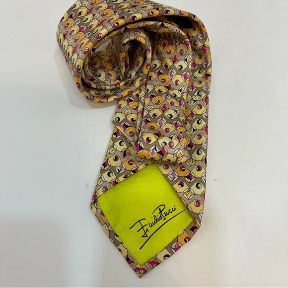 Emilio Pucci Geometric Yellow and‎ Pink Silk Tie