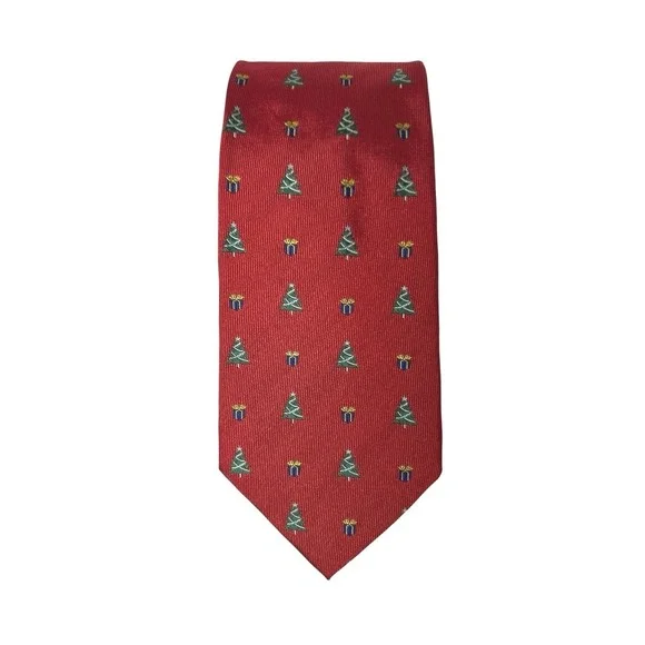 Paul Fredrick Hand Tailored Tie Red Christmas Tree Italian Silk Made in USA