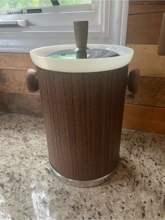 Mid-Century Style Faux Woodgrain Ice Bucket with White Trim - Slim Size