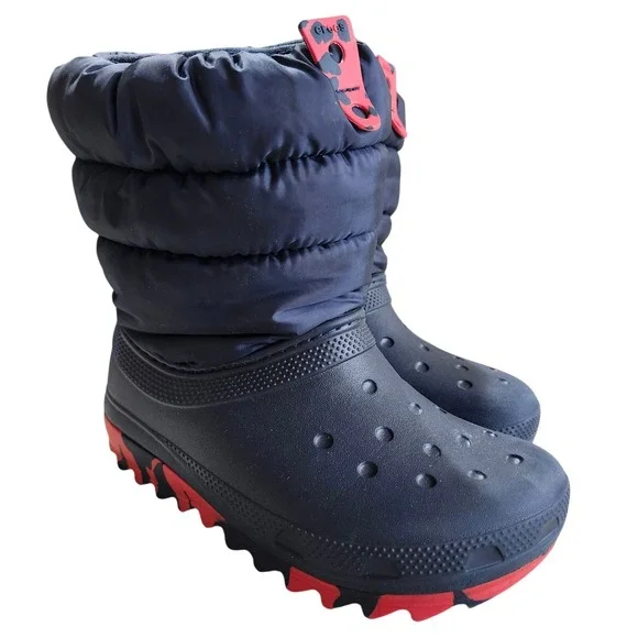 Crocs Neo Puff Snow Boots Kids J2 Navy Blue Red Warm Faux Fur Lined 207684
