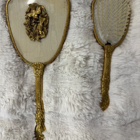 Vintage Gold Vanity Mirror and Brush Set