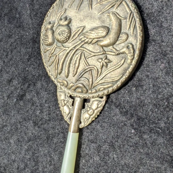 Elegant Silver Antique Hand Mirror w/ Bird, Pomegranates, Flowers, Jade Handle.