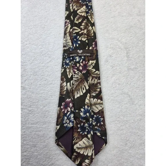 Vintage Mario Valentino Silk Tie Italy Floral Botanical Blue Burgundy Designer