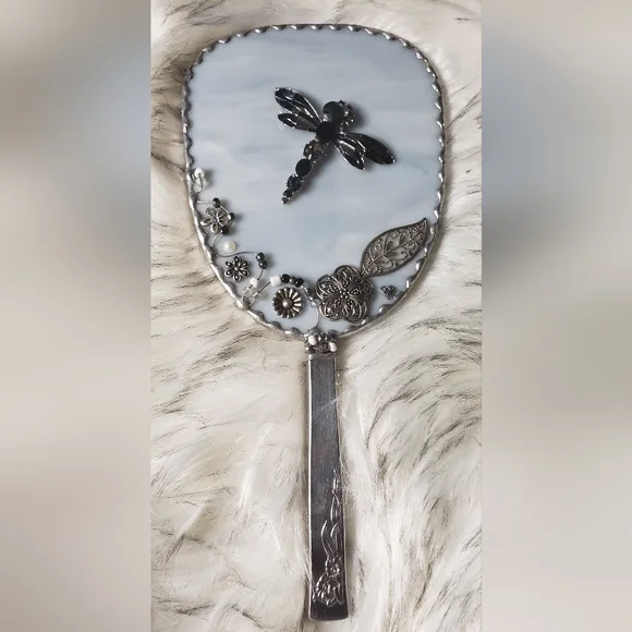 Vintage Long Vanity Hand Held Mirror Gemed Dragonfly. Silver