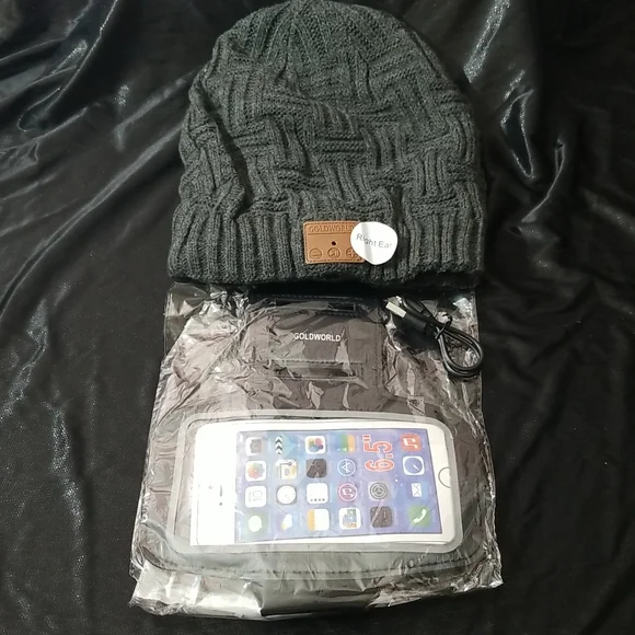 Gold World Beanie Hat with Play Capability & Arm Band for the Phone