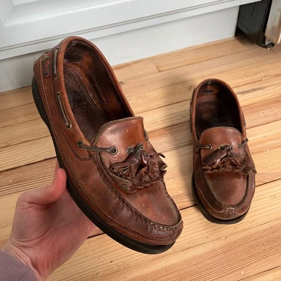 Bass Brown Leather Kiltie Tassel‎ Boat Shoes Mens 9.5 Preppy Slip On Loafers VTG