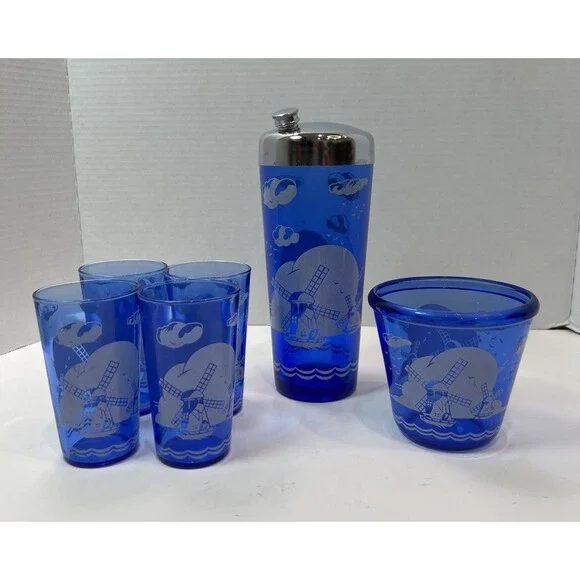 Vintage Hazel Atlas Cobalt Blue Windmill Cocktail Shaker ice bucket 4 glasses