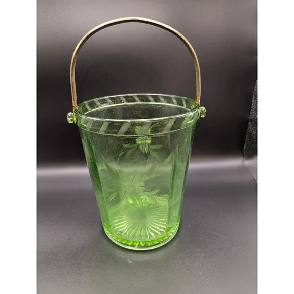 Green Depression Glass Etched Green Ice Bucket with Bras Handle