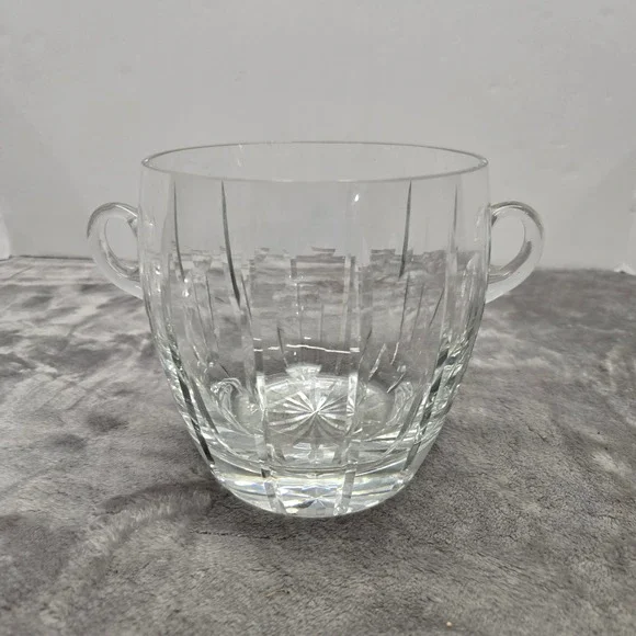 Vintage Cut Crystal Ice Bucket with Handles Clear Glass Barware Starburst Base