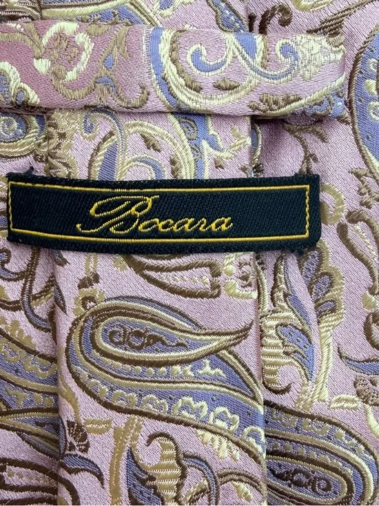 Bocara Mens Silk Neck Tie Pink Lavender Gold Jacquard Paisley Luxury Handmade
