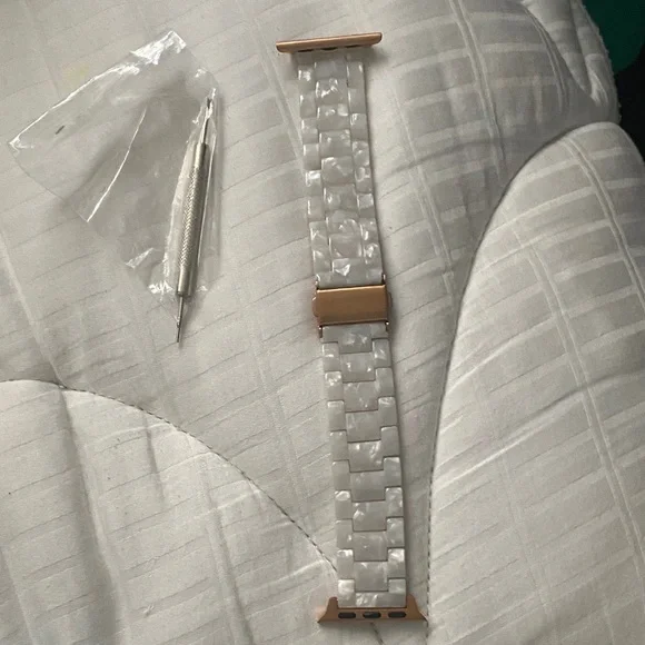 White Pearl Resin Apple Watch Band with Rose Gold Adapters