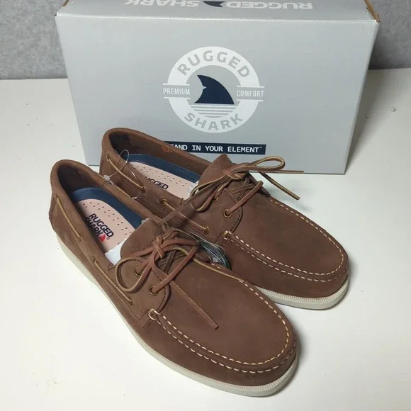 New Rugged Shark Brown Leather Boat Shoes Men 11.5M Classic Odor‎ Control