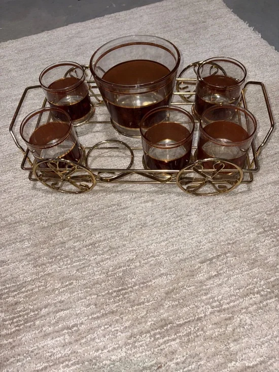 Culver Tortoise 22K. trimmed bar set in original classic wagon shaped carrier
