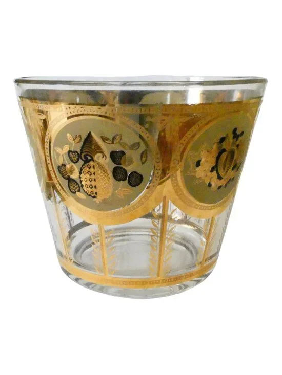 vtg 60s CERA gold metallic fruit print glass ice bucket small