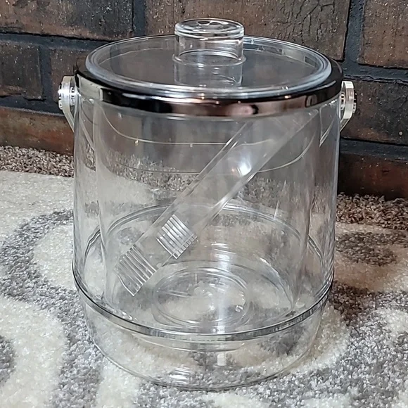 Vintage Ice Bucket with lid and tongs clear lucite chrome bands double wall