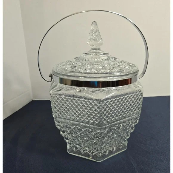 Vintage Anchor Hocking Wexford Pressed Glass Covered Ice Bucket w/Handle