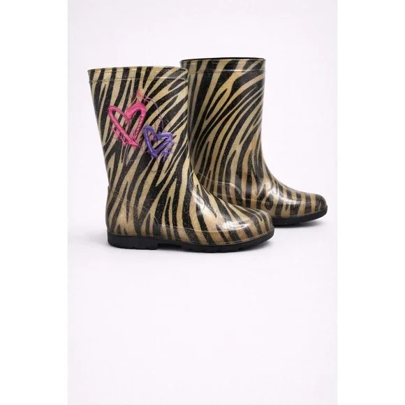 Shake It Up Girls Size 3‎ Zebra Heart Glitter Rain Boots Gold Black Waterproof