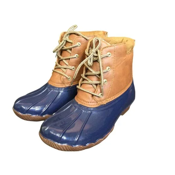 Adrienne Vittadini Girls Duck Boots Blue Brown Size 4 Rain Shoes