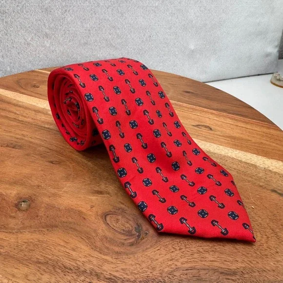 Fratelli Silk Necktie Red Equestrian‎ Print Handmade Italy Mens Tie