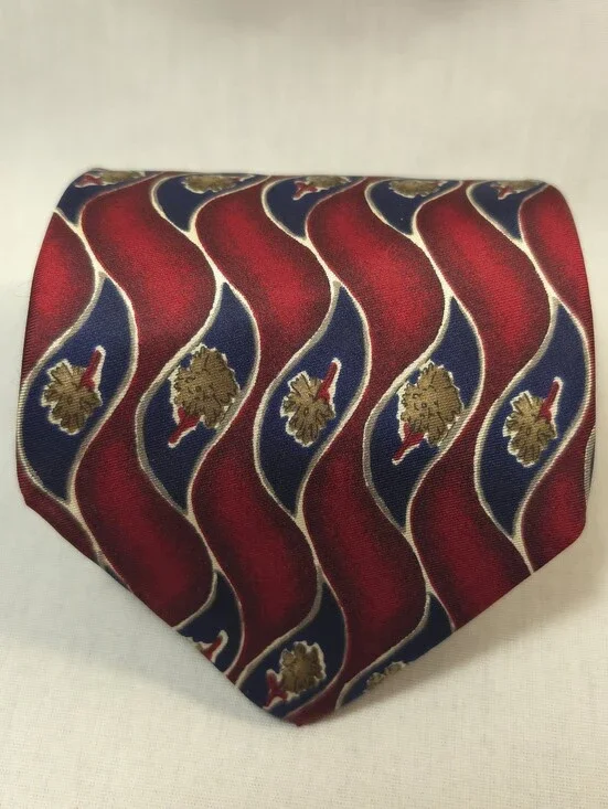 Van Heusen Red and Navy Wavy Pattern Silk Tie with Gold Accents