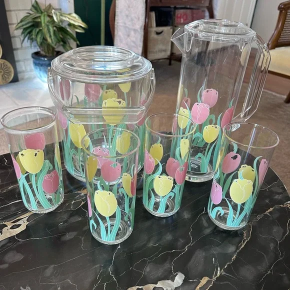 Vintage Culver Acrylic Spring Tulips 🌷 Patio Set Tumblers Ice Bucket Pitcher