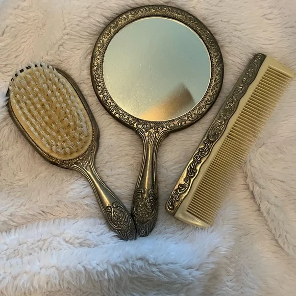 Vintage Mirror, Brush, Comb Set, Silver Plated Vanity Set