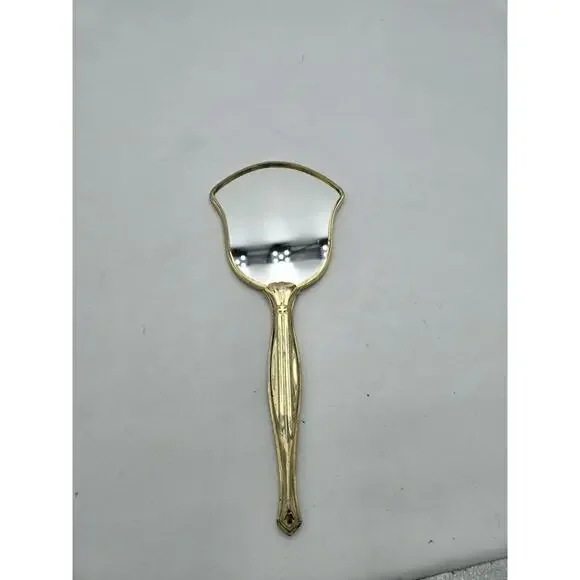 Vintage Hand Held Vanity Mirror Gold Tone Floral Back 6.25” Handle 12” X 4.75”