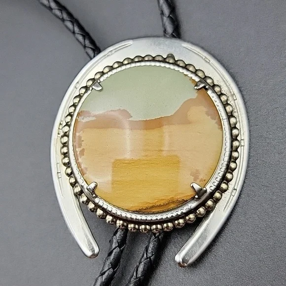 Mens Desert Lanscape Picture Jasper Bolo Braided Leather Tie Natural Gemstone